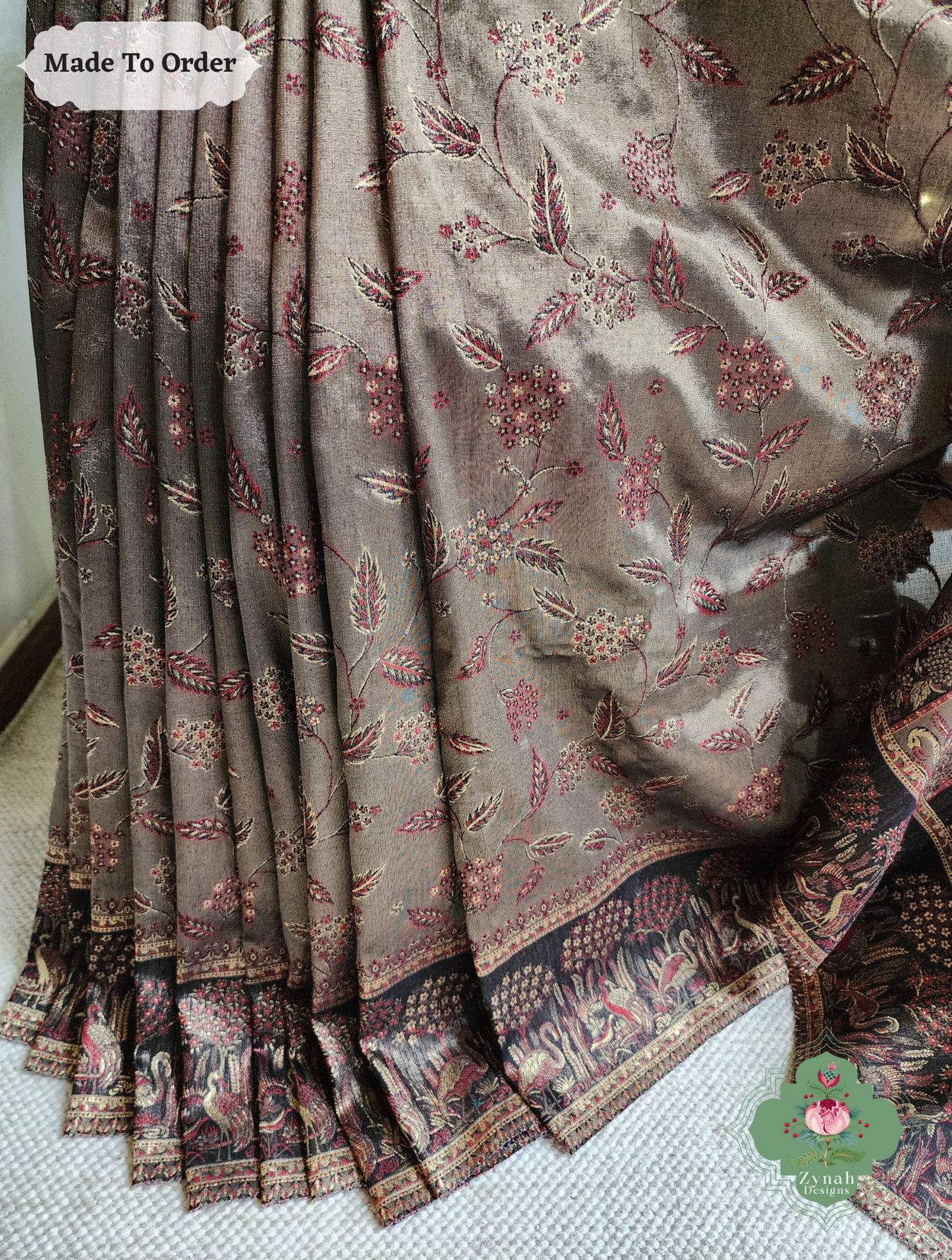 Zynah Soz-e-Zar – Bronze Handwoven Kashmiri Pure Kani Tissue Silk Jamavar Saree
