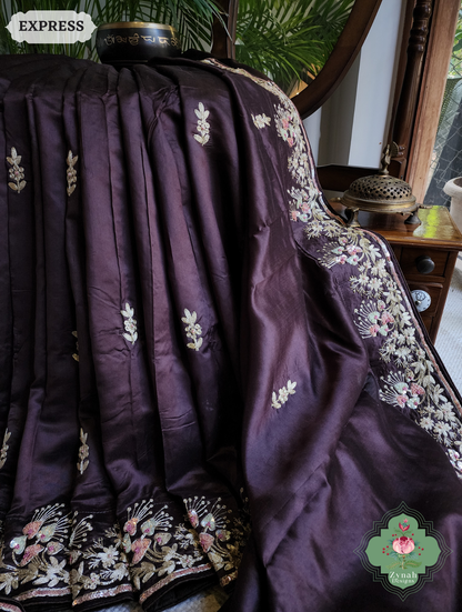 Zynah Deep Dark Brown Pure Bangalori Silk Saree With Hand Embellished Sequins, Pearl & Pita Work; Custom Stitched/Ready-made Blouse, Fall, Petticoat; SKU: 2602202504