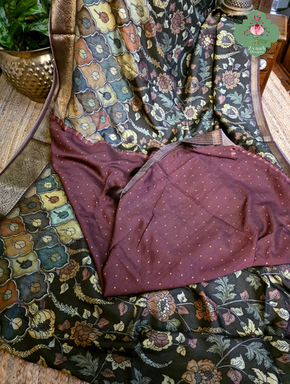 Zynah Mrinal Kalam – Brown Munga Silk Saree with Traditional Kalamkari Print