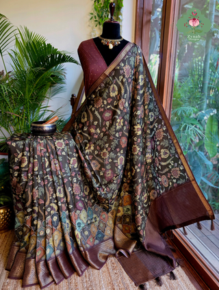 Zynah Brown Munga Silk Saree With Kalamkari Print; Custom Stitched/Ready-made Blouse, Fall, Petticoat; SKU: 1006202603
