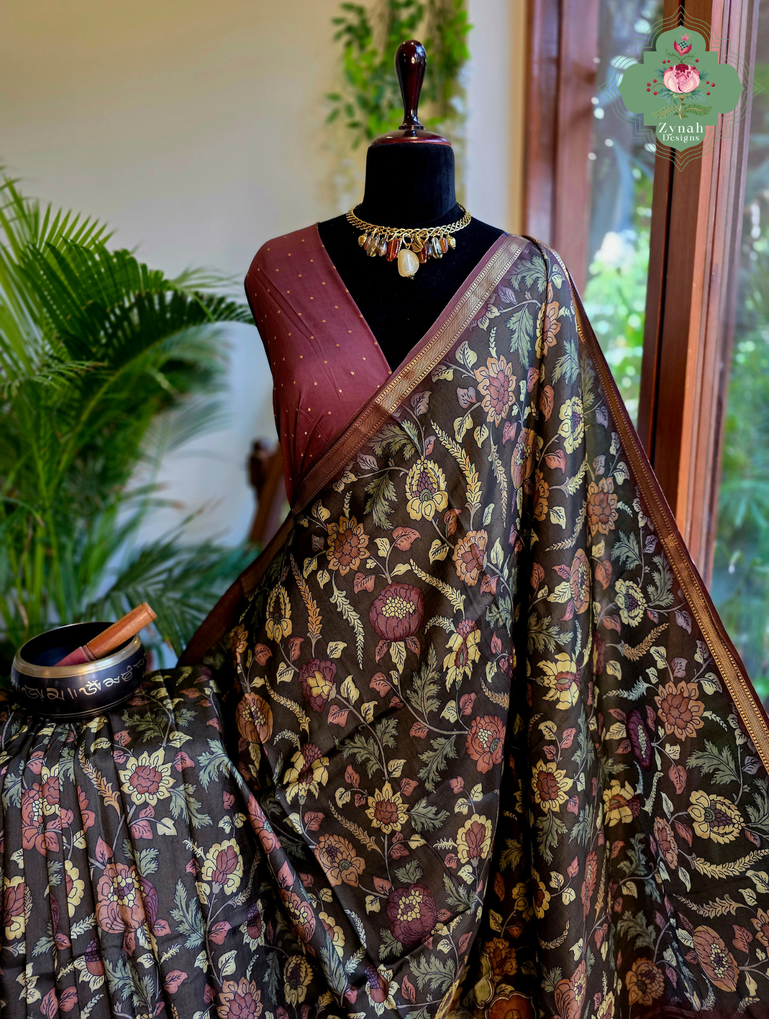 Zynah Brown Munga Silk Saree With Kalamkari Print; Custom Stitched/Ready-made Blouse, Fall, Petticoat; SKU: 1006202603
