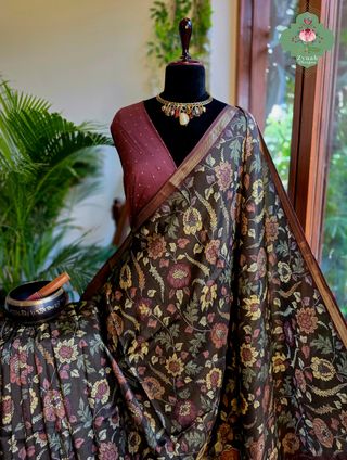 Zynah Brown Munga Silk Saree With Kalamkari Print; Custom Stitched/Ready-made Blouse, Fall, Petticoat; SKU: 1006202603