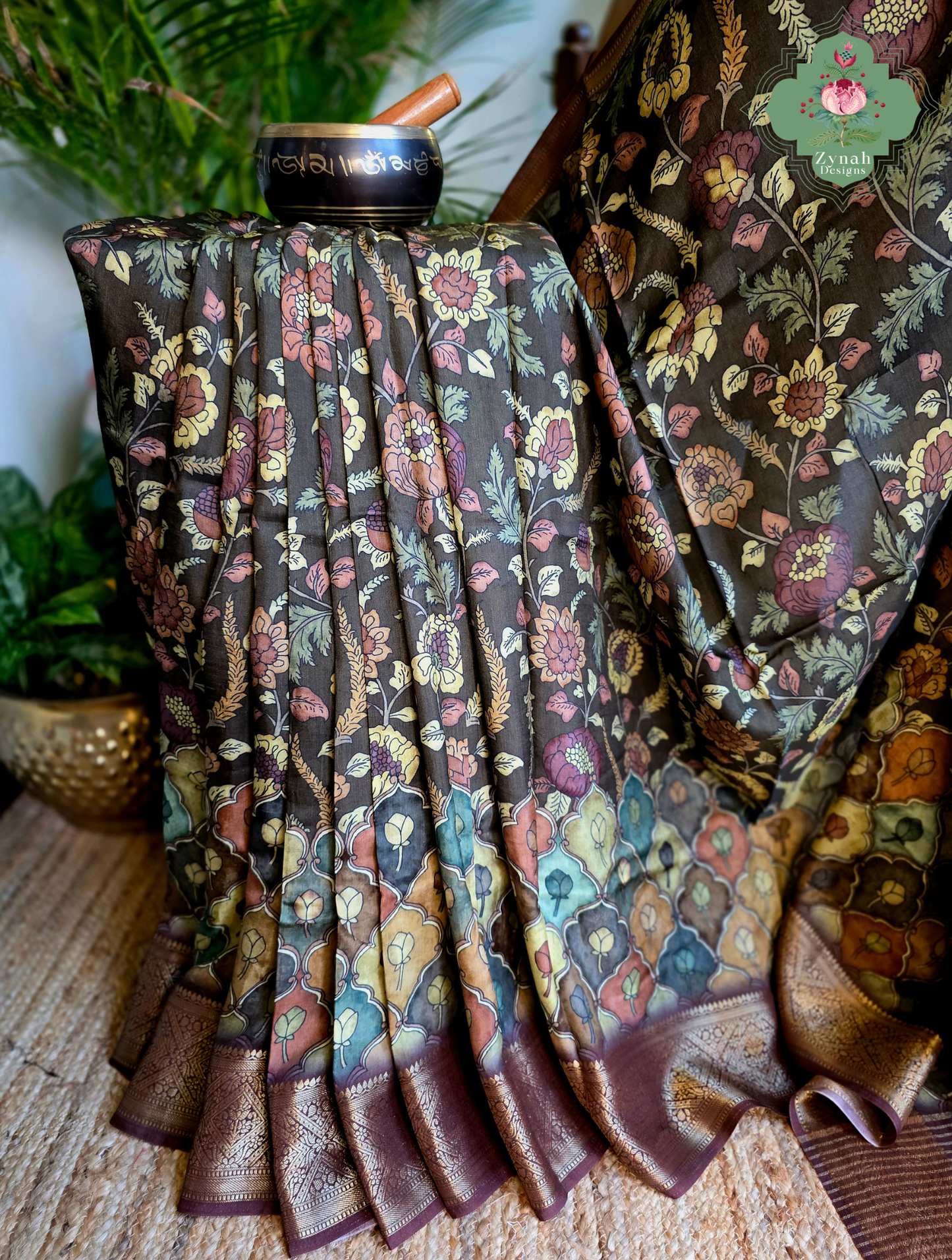 Zynah Mrinal Kalam – Brown Munga Silk Saree with Traditional Kalamkari Print