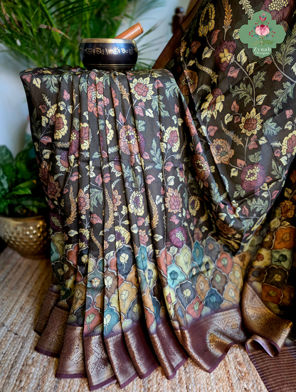 Zynah Mrinal Kalam – Brown Munga Silk Saree with Traditional Kalamkari Print