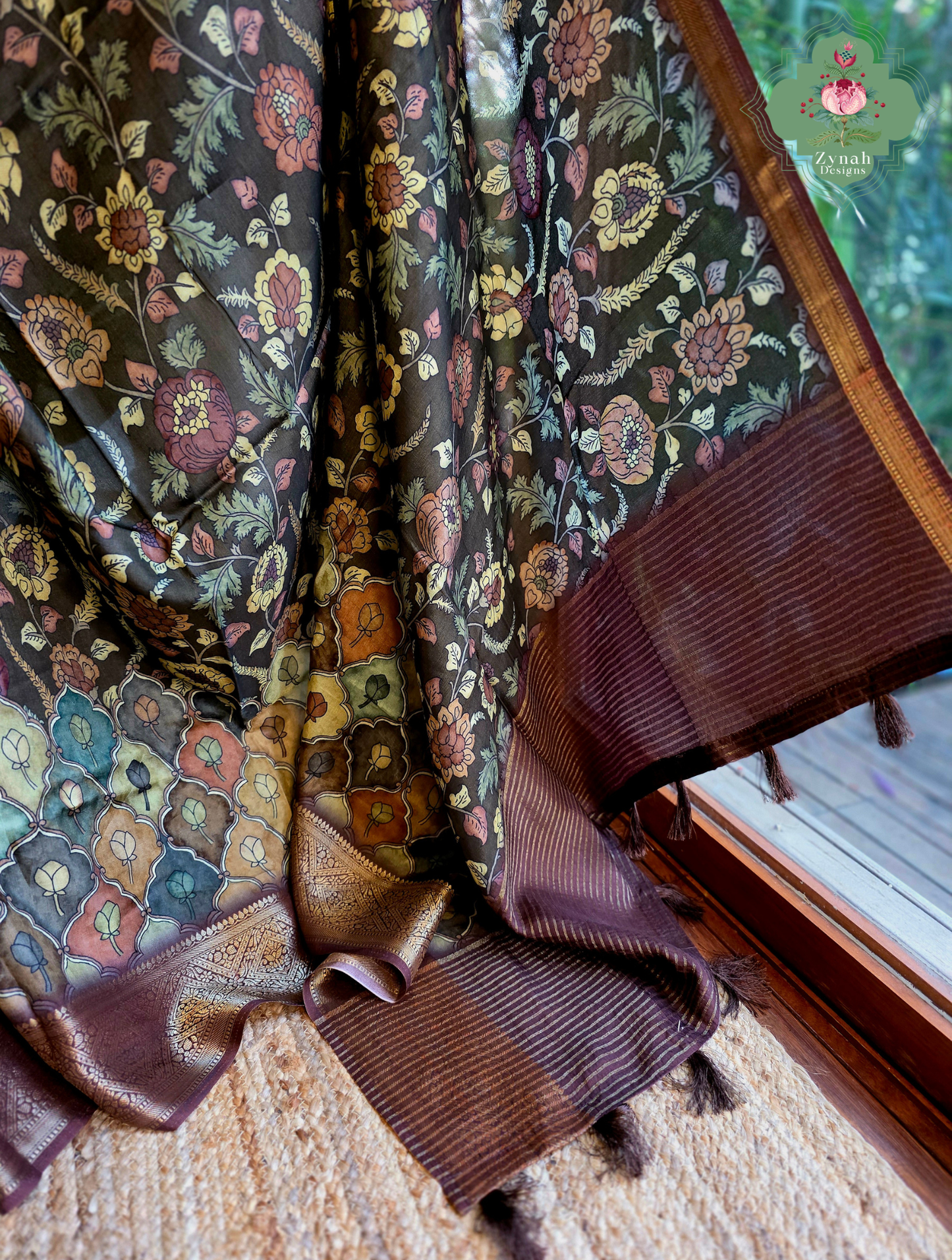 Zynah Mrinal Kalam – Brown Munga Silk Saree with Traditional Kalamkari Print
