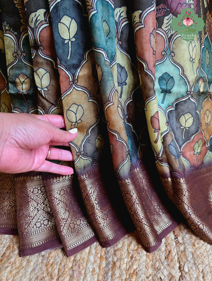 Zynah Mrinal Kalam – Brown Munga Silk Saree with Traditional Kalamkari Print