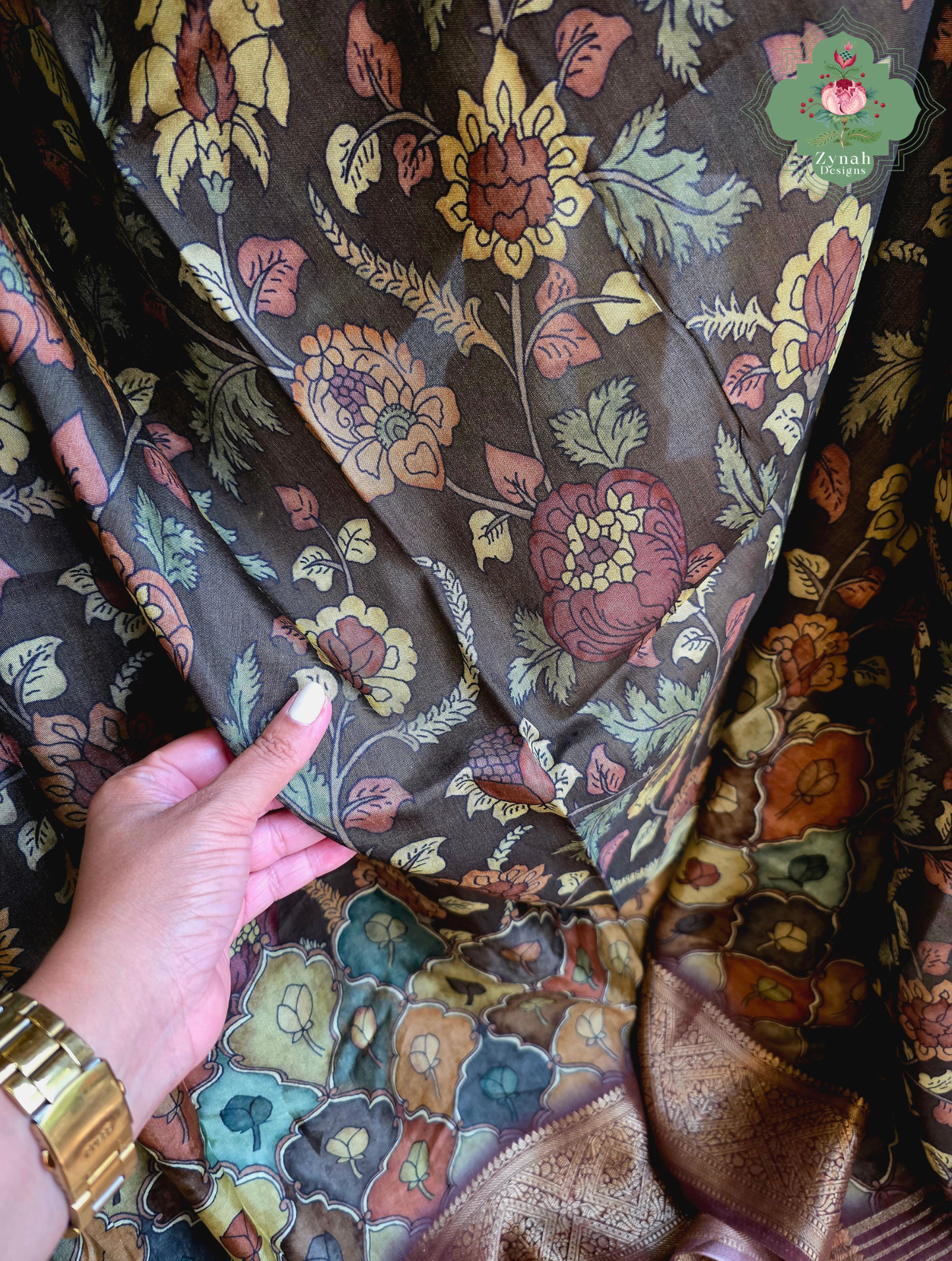 Zynah Mrinal Kalam – Brown Munga Silk Saree with Traditional Kalamkari Print