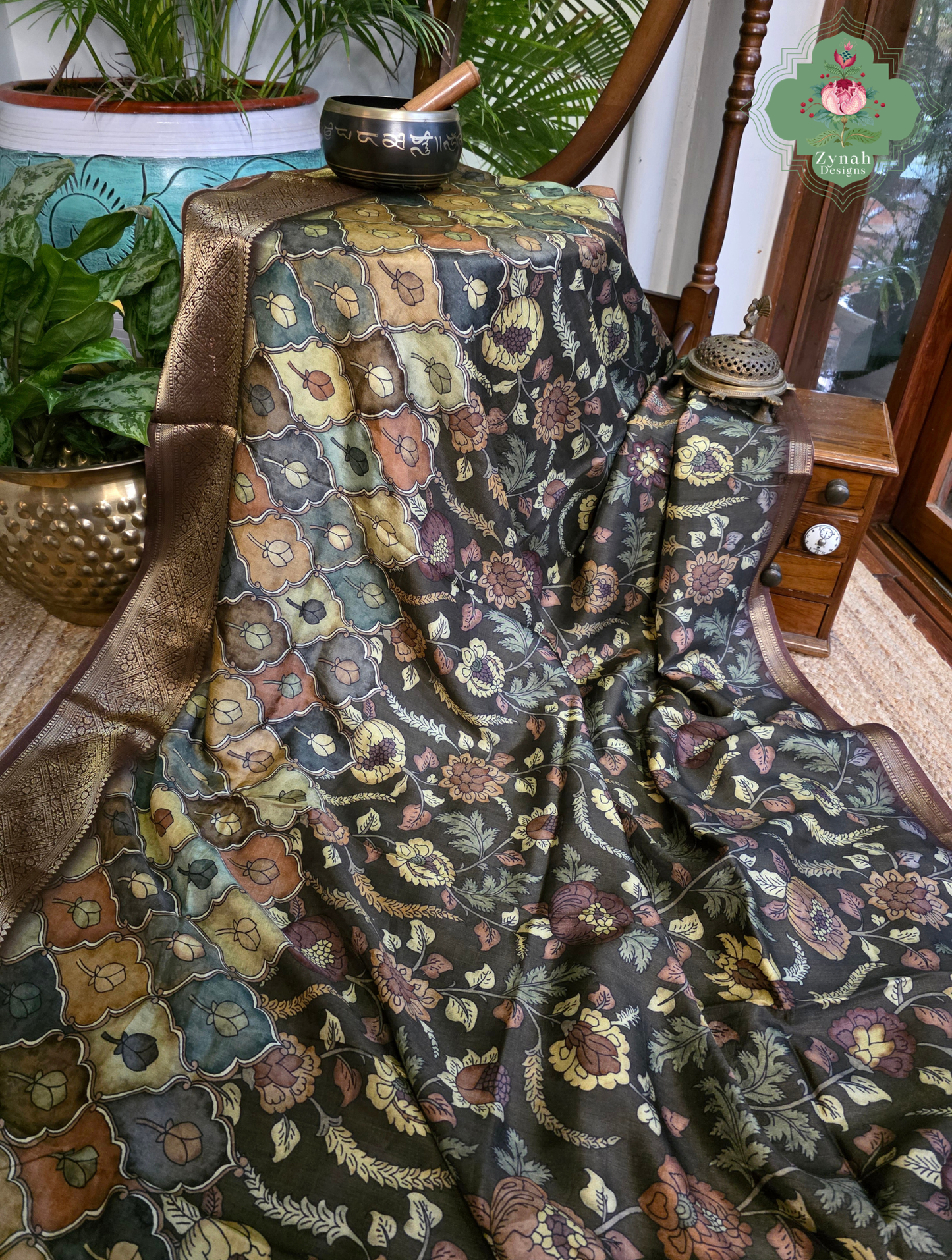 Zynah Mrinal Kalam – Brown Munga Silk Saree with Traditional Kalamkari Print