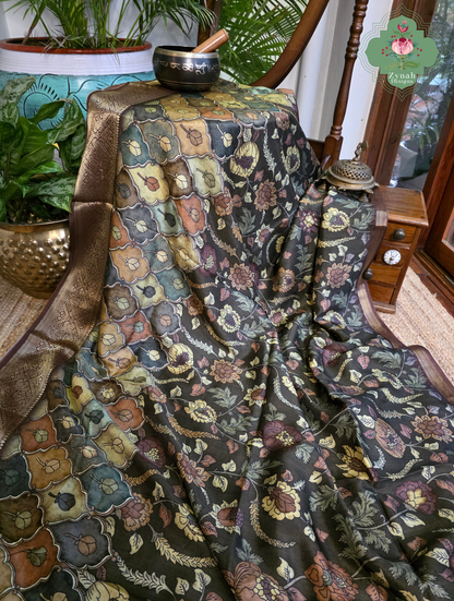 Zynah Mrinal Kalam – Brown Munga Silk Saree with Traditional Kalamkari Print