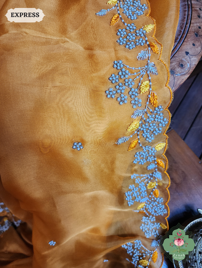 Zynah Burnt Yellow Organza Silk Saree With Pearls & Sequins Hand Embellishments; Custom Stitched/Ready-made Blouse, Fall, Petticoat; SKU: 2711202401