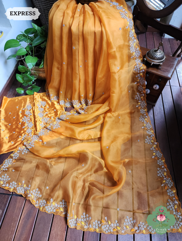 Zynah Burnt Yellow Organza Silk Saree With Pearls & Sequins Hand Embellishments; Custom Stitched/Ready-made Blouse, Fall, Petticoat; SKU: 2711202401