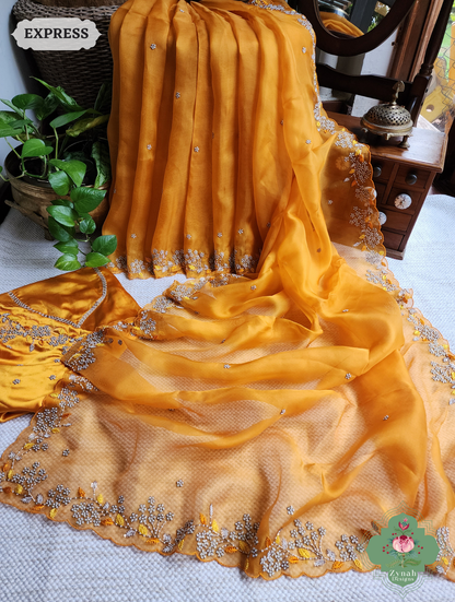 Zynah Burnt Yellow Organza Silk Saree With Pearls & Sequins Hand Embellishments; Custom Stitched/Ready-made Blouse, Fall, Petticoat; SKU: 2711202401
