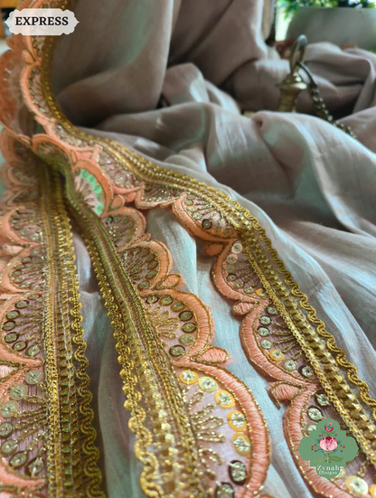 Zynah Metallic Champagne Gold Linen Tissue Saree With Scalloped Lace & Orange Tassels; Custom Stitched/Ready-made Blouse, Fall, Petticoat; SKU: 2703202505