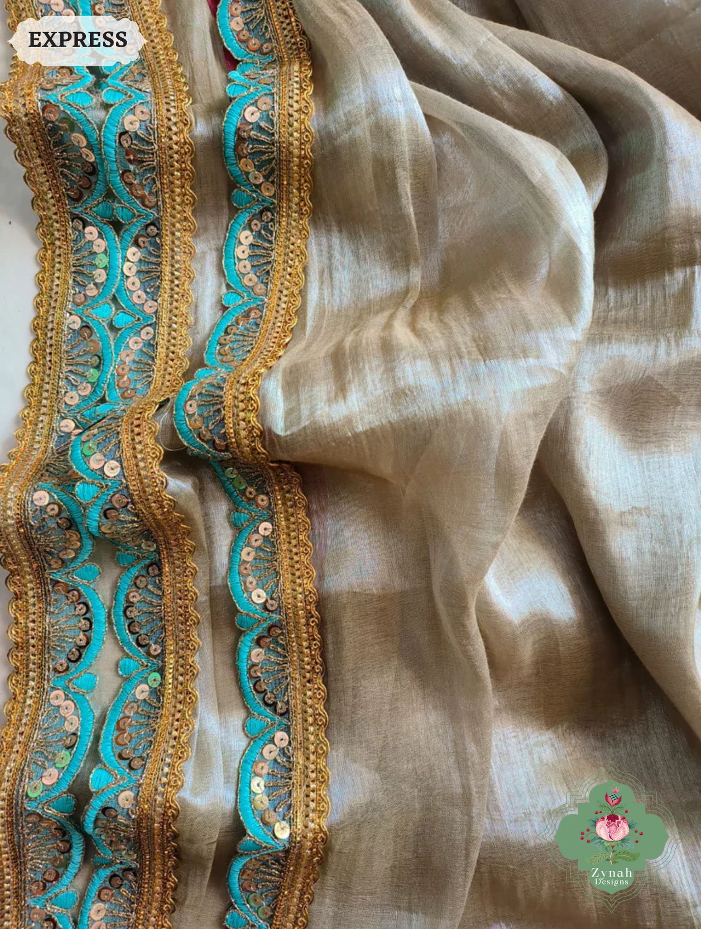 Zynah Metallic Champagne Gold Linen Tissue Saree With Scalloped Lace & Turquoise Tassels; Custom Stitched/Ready-made Blouse, Fall, Petticoat; SKU: 2703202507