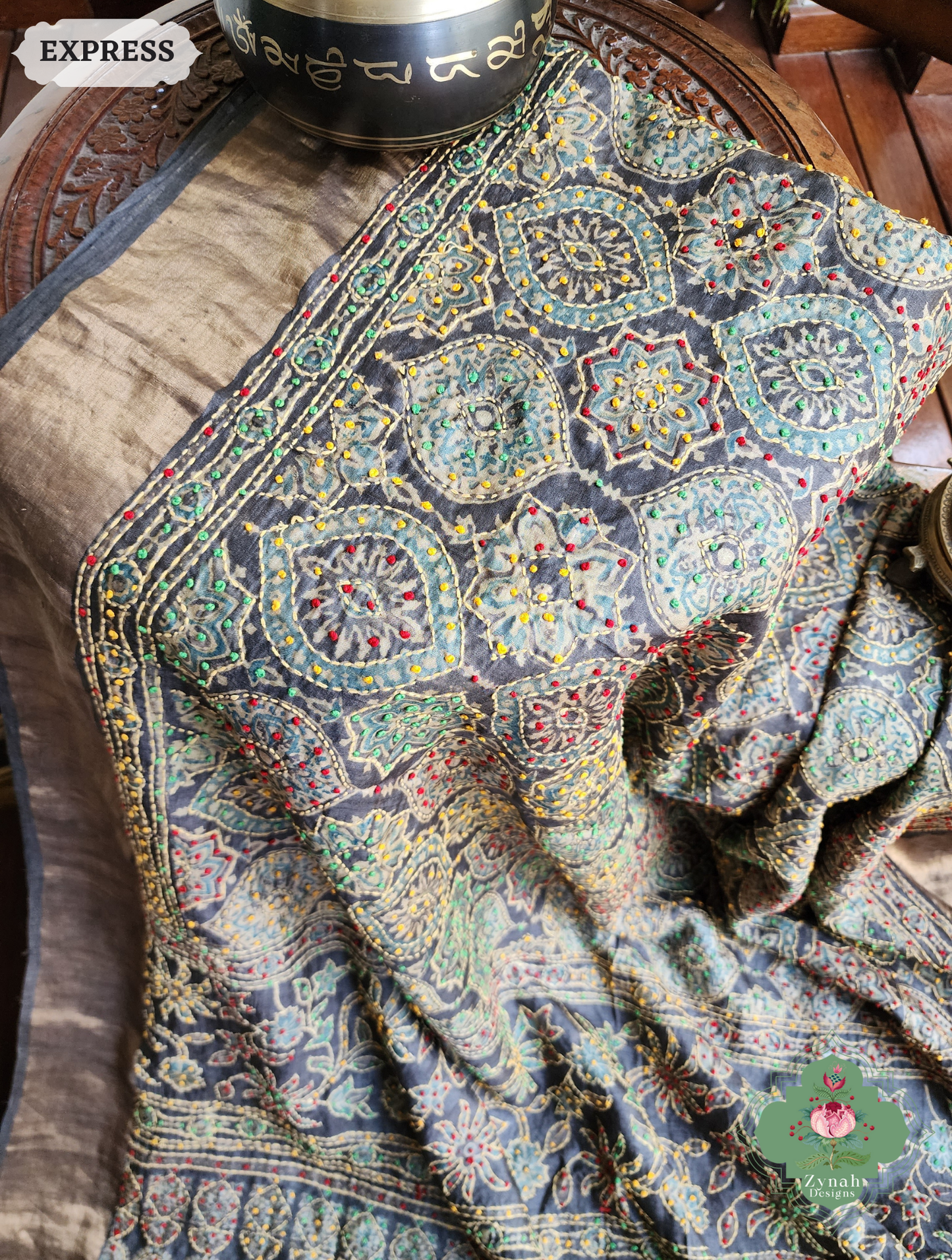 Zynah Charcoal & Green Pure Tussar Silk Hand Block Print Ajrakh Saree With Hand Embroidery; Custom Stitched/Ready-made Blouse, Fall, Petticoat; SKU: 2409202504