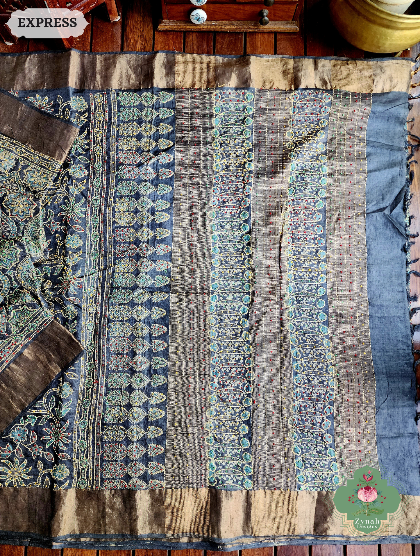 Zynah Charcoal & Green Pure Tussar Silk Hand Block Print Ajrakh Saree With Hand Embroidery; Custom Stitched/Ready-made Blouse, Fall, Petticoat; SKU: 2409202504