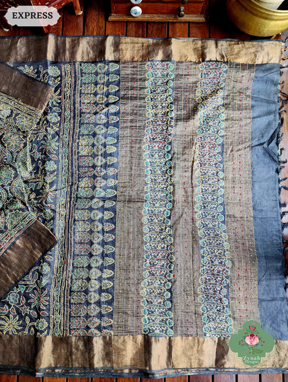 Zynah Charcoal & Green Pure Tussar Silk Hand Block Print Ajrakh Saree With Hand Embroidery; Custom Stitched/Ready-made Blouse, Fall, Petticoat; SKU: 2409202504