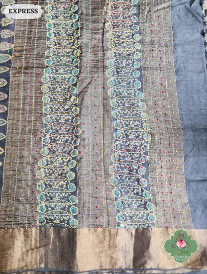 Zynah Charcoal & Green Pure Tussar Silk Hand Block Print Ajrakh Saree With Hand Embroidery; Custom Stitched/Ready-made Blouse, Fall, Petticoat; SKU: 2409202504