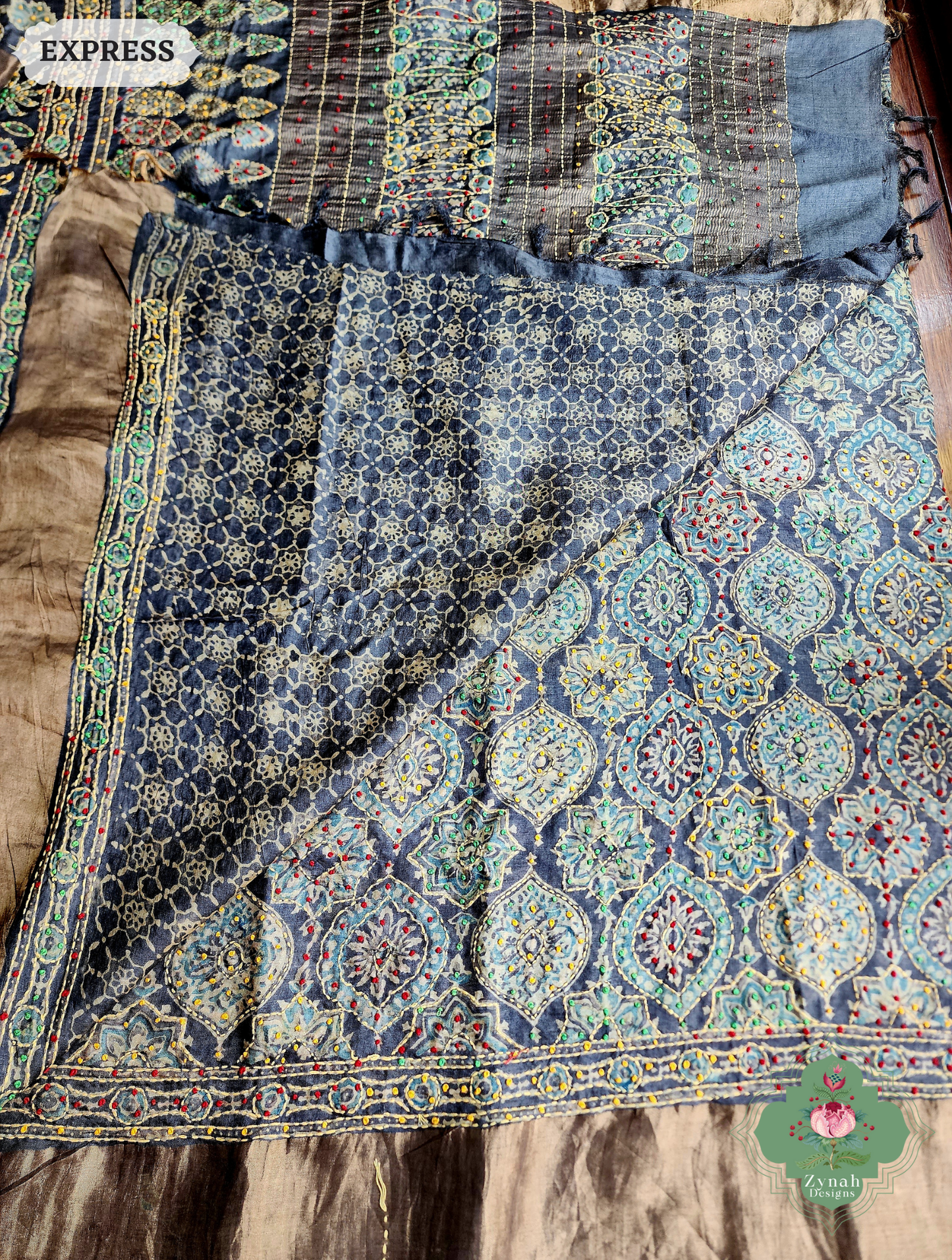 Zynah Charcoal & Green Pure Tussar Silk Hand Block Print Ajrakh Saree With Hand Embroidery; Custom Stitched/Ready-made Blouse, Fall, Petticoat; SKU: 2409202504