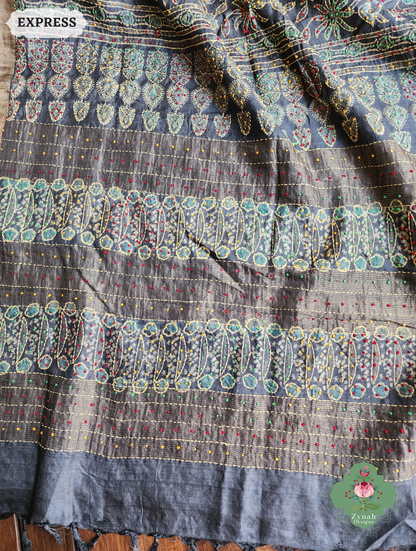Zynah Charcoal & Green Pure Tussar Silk Hand Block Print Ajrakh Saree With Hand Embroidery; Custom Stitched/Ready-made Blouse, Fall, Petticoat; SKU: 2409202504