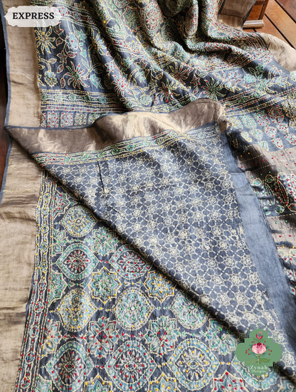 Zynah Charcoal & Green Pure Tussar Silk Hand Block Print Ajrakh Saree With Hand Embroidery; Custom Stitched/Ready-made Blouse, Fall, Petticoat; SKU: 2409202504