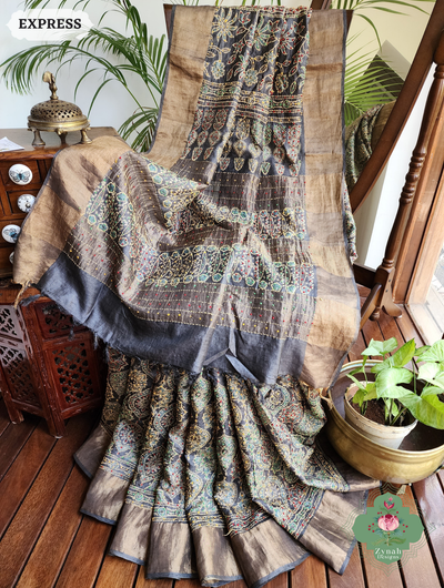 Zynah Charcoal & Green Pure Tussar Silk Hand Block Print Ajrakh Saree With Hand Embroidery; Custom Stitched/Ready-made Blouse, Fall, Petticoat; SKU: 2409202504
