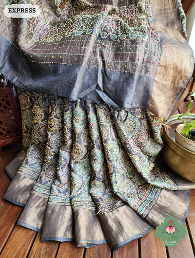 Zynah Charcoal & Green Pure Tussar Silk Hand Block Print Ajrakh Saree With Hand Embroidery; Custom Stitched/Ready-made Blouse, Fall, Petticoat; SKU: 2409202504