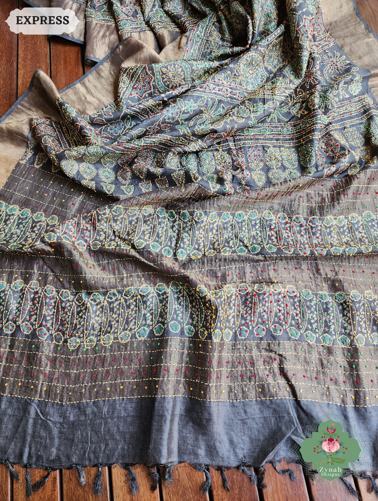 Zynah Charcoal & Green Pure Tussar Silk Hand Block Print Ajrakh Saree With Hand Embroidery; Custom Stitched/Ready-made Blouse, Fall, Petticoat; SKU: 2409202504