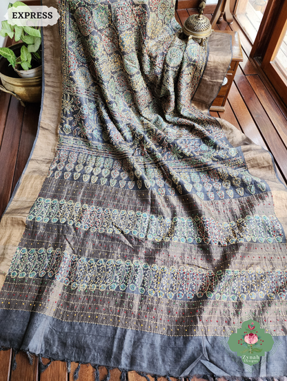 Zynah Charcoal & Green Pure Tussar Silk Hand Block Print Ajrakh Saree With Hand Embroidery; Custom Stitched/Ready-made Blouse, Fall, Petticoat; SKU: 2409202504