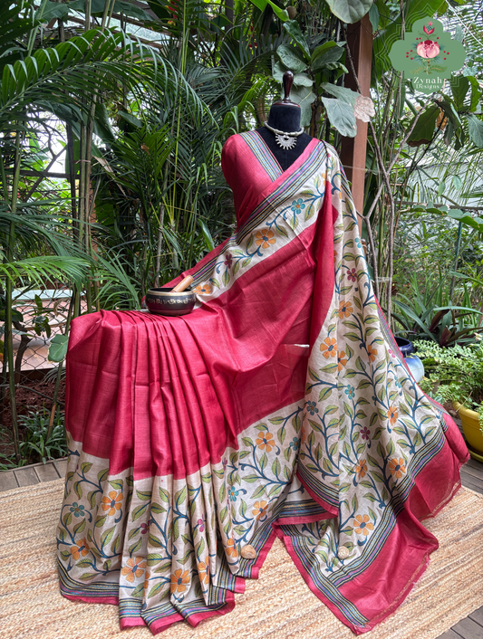 Kusumita Cherry Red Hand Painted Pure Gachi Tussar Silk Saree With Kantha Hand Embroidery - SKU 0907202601