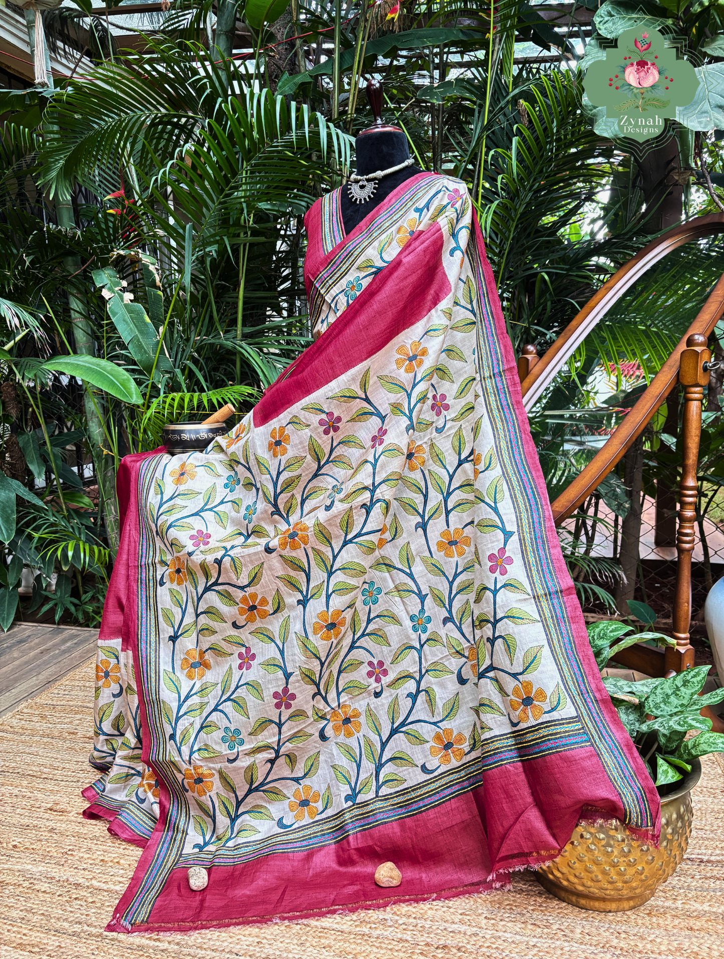 Kusumita Cherry Red Hand Painted Pure Gachi Tussar Silk Saree With Kantha Hand Embroidery - SKU 0907202601