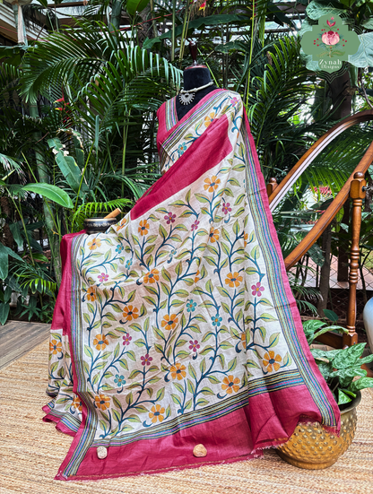 Kusumita Cherry Red Hand Painted Pure Gachi Tussar Silk Saree With Kantha Hand Embroidery - SKU 0907202601