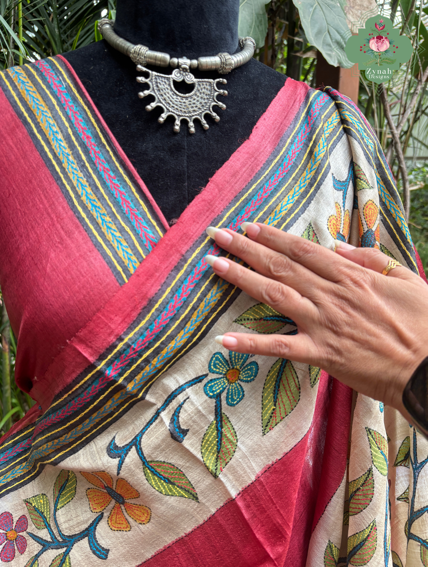 Kusumita Cherry Red Hand Painted Pure Gachi Tussar Silk Saree With Kantha Hand Embroidery - SKU 0907202601