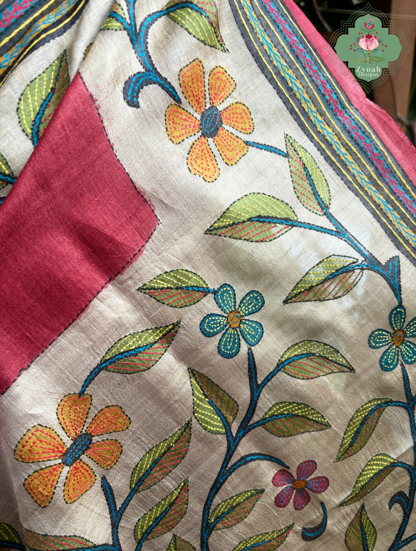 Kusumita Cherry Red Hand Painted Pure Gachi Tussar Silk Saree With Kantha Hand Embroidery - SKU 0907202601