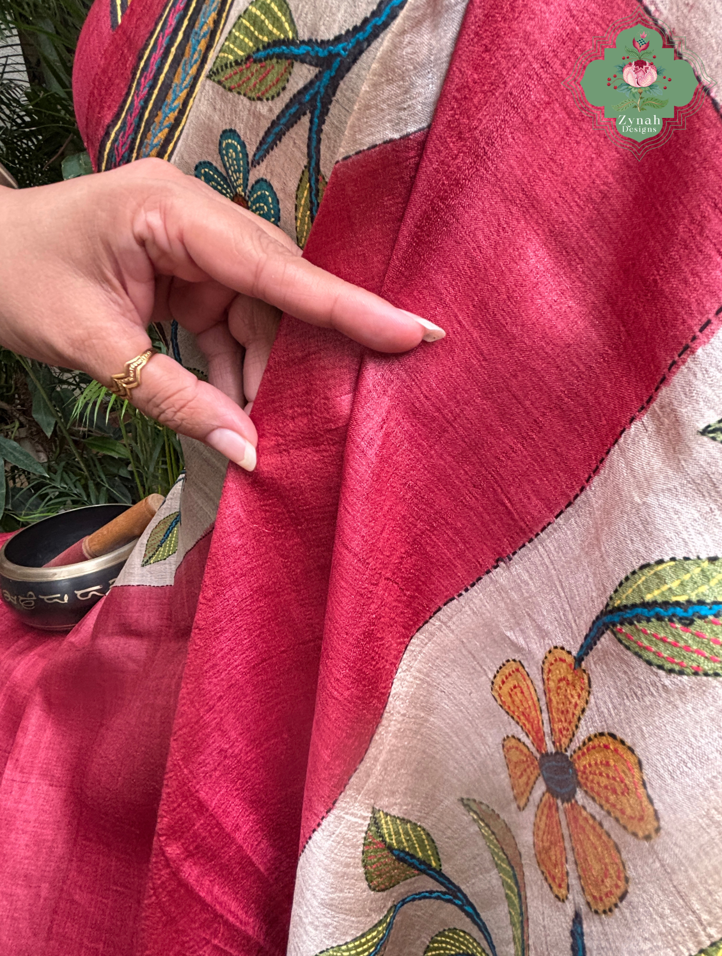 Kusumita Cherry Red Hand Painted Pure Gachi Tussar Silk Saree With Kantha Hand Embroidery - SKU 0907202601