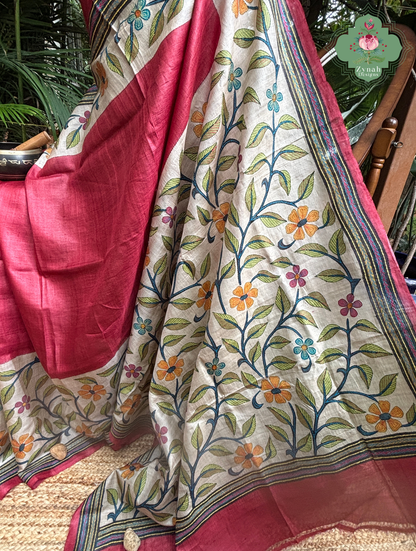 Kusumita Cherry Red Hand Painted Pure Gachi Tussar Silk Saree With Kantha Hand Embroidery - SKU 0907202601