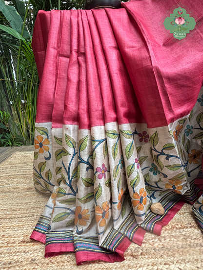 Kusumita Cherry Red Hand Painted Pure Gachi Tussar Silk Saree With Kantha Hand Embroidery - SKU 0907202601