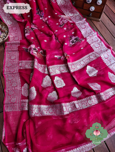 Cherry Red Khaddi Georgette Banarasi Saree w/ Silver Zari. Perfect blend of tradition & style. Must-have for fashionistas.