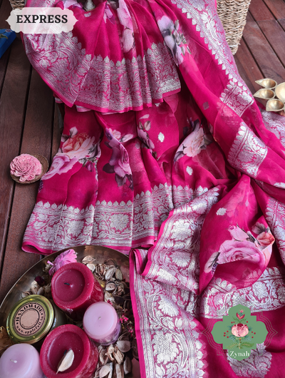 Zynah Cherry Red Pure Khaddi Georgette Floral Banarasi Saree With Silver Zari; Custom Stitched/Ready-made Blouse, Fall, Petticoat; SKU: 2804202304