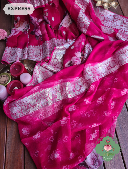 Zynah Cherry Red Pure Khaddi Georgette Floral Banarasi Saree With Silver Zari; Custom Stitched/Ready-made Blouse, Fall, Petticoat; SKU: 2804202304