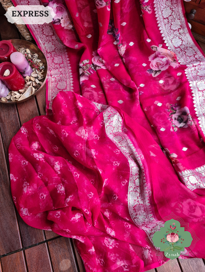 Zynah Cherry Red Pure Khaddi Georgette Floral Banarasi Saree With Silver Zari; Custom Stitched/Ready-made Blouse, Fall, Petticoat; SKU: 2804202304