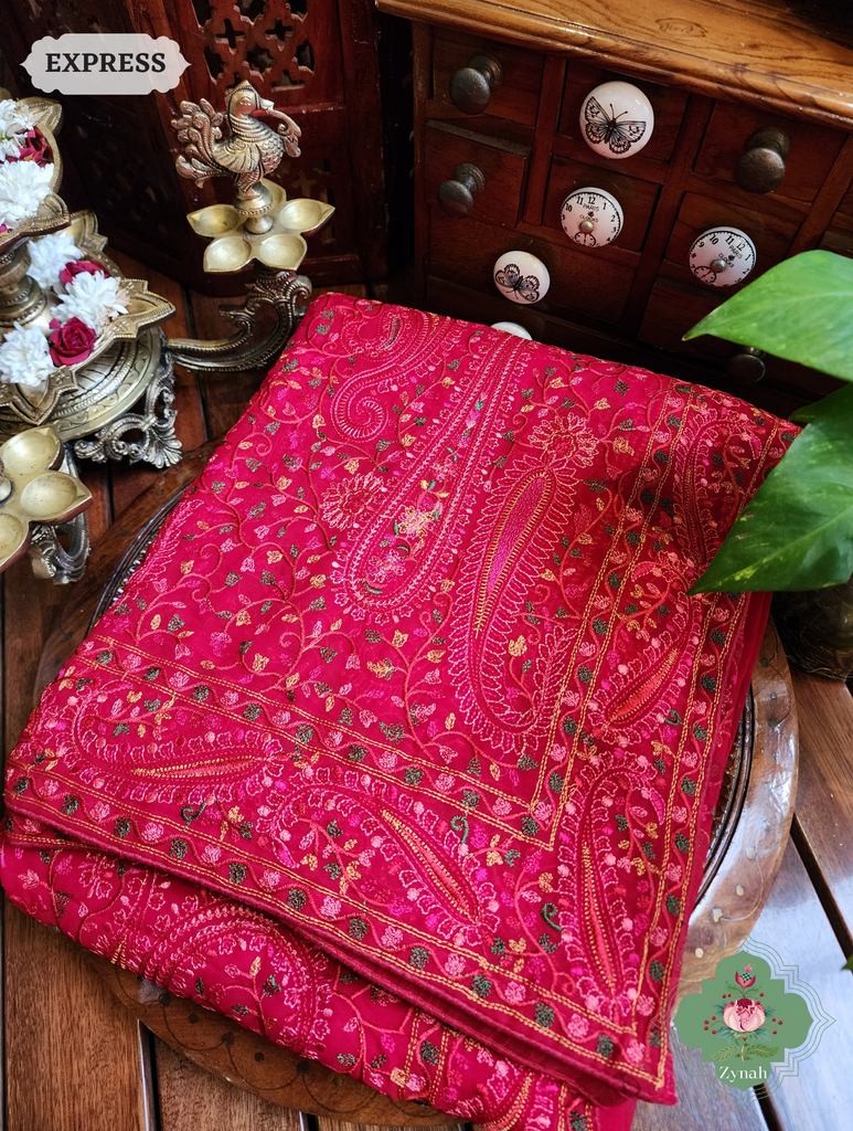 Cherry Red Georgette Saree With Kashida Inspired Embroidery 11