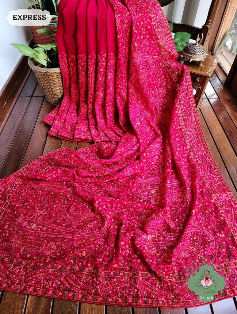 Cherry Red Georgette Saree With Kashida Inspired Embroidery 1