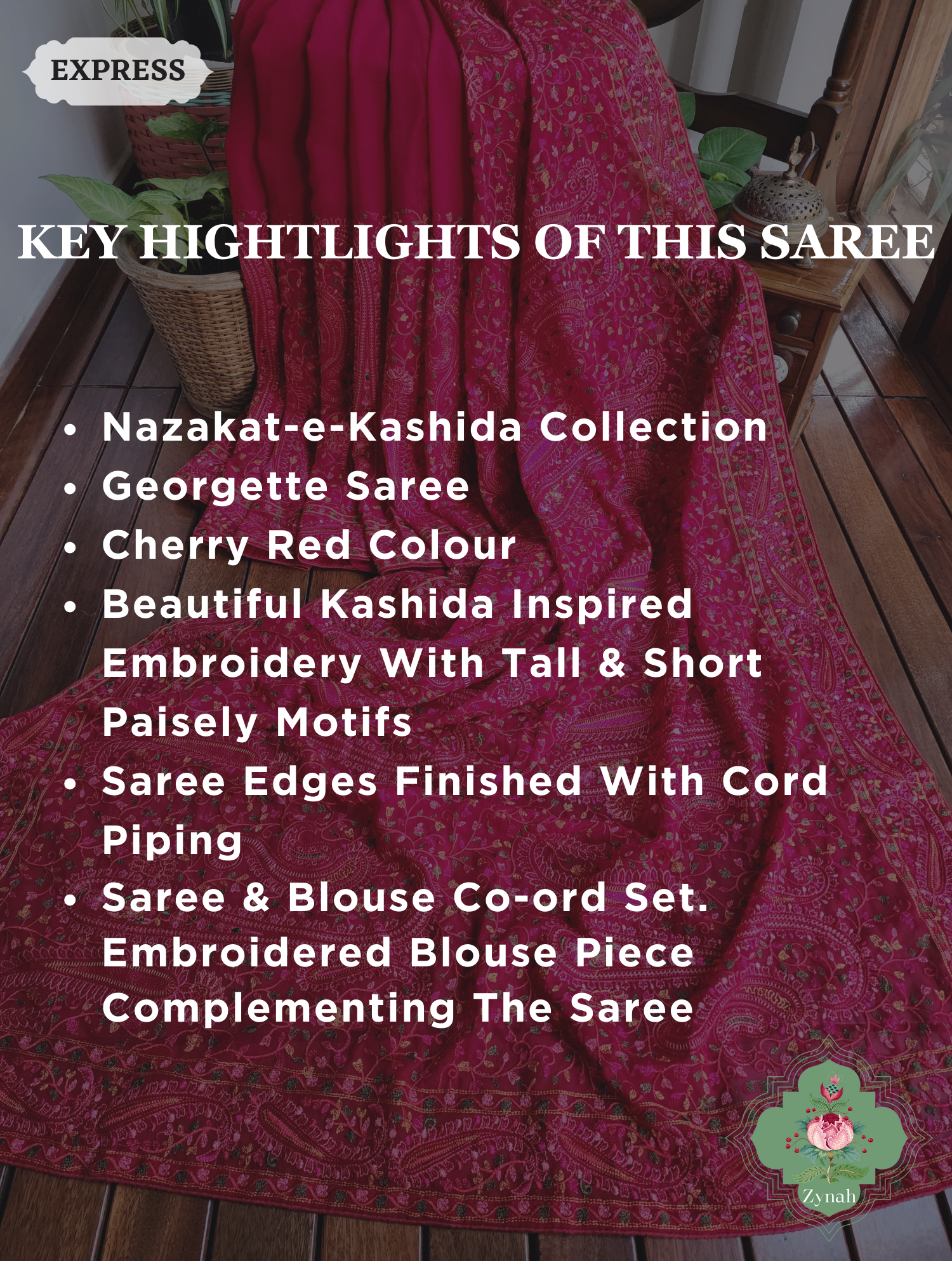 Cherry Red Georgette Saree With Kashida Inspired Embroidery 2