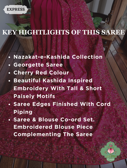 Cherry Red Georgette Saree With Kashida Inspired Embroidery 2