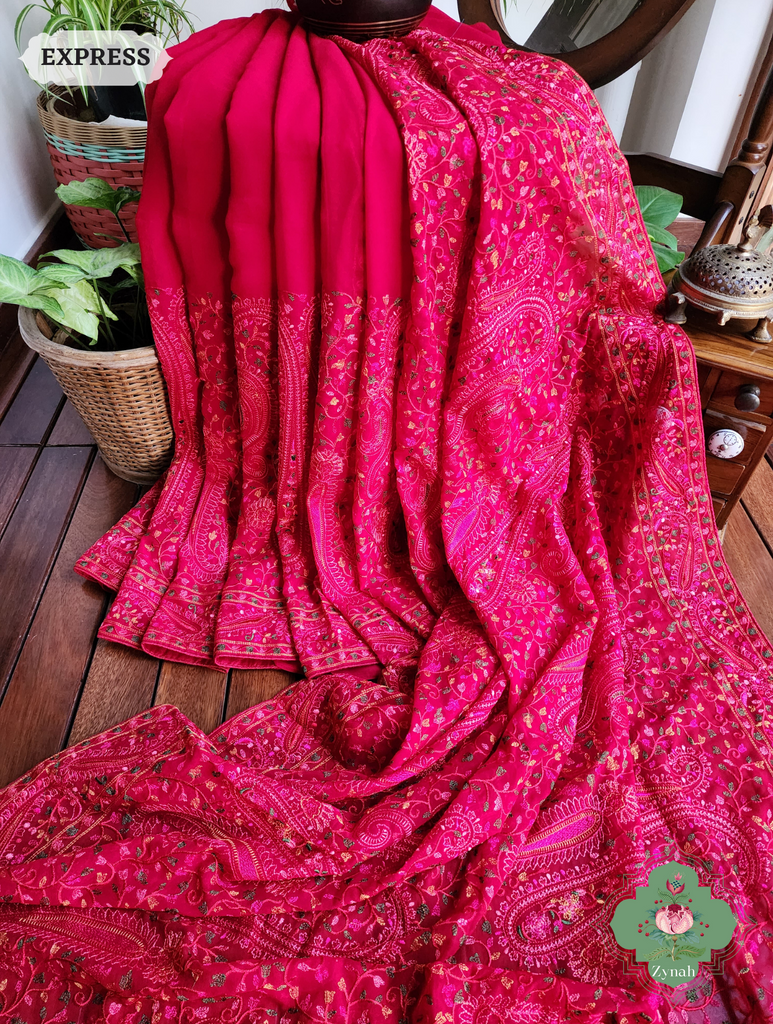 Cherry Red Georgette Saree With Kashida Inspired Embroidery 3