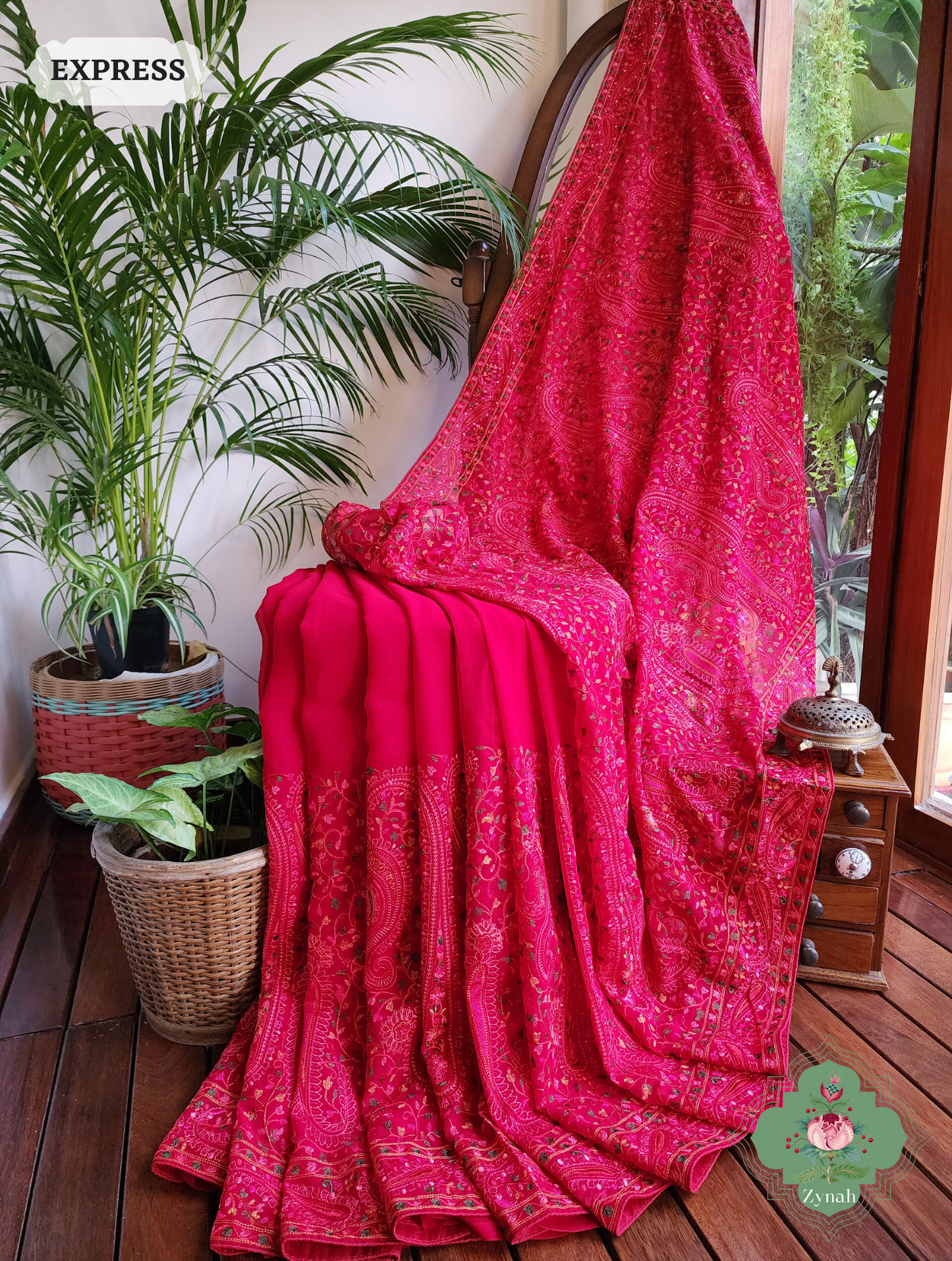 Cherry Red Georgette Saree With Kashida Inspired Embroidery 4