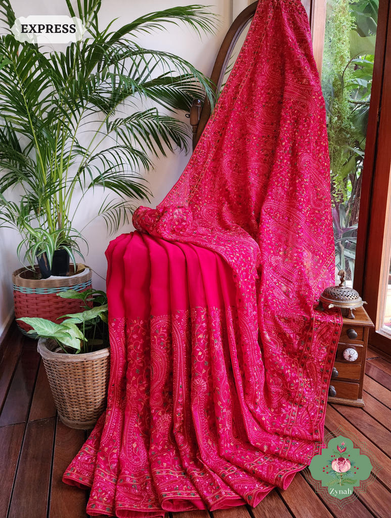 Cherry Red Georgette Saree With Kashida Inspired Embroidery 4