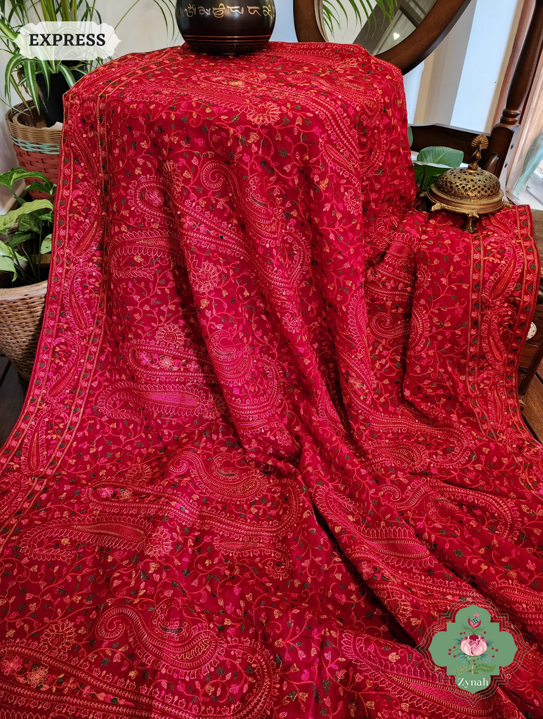 Cherry Red Georgette Saree With Kashida Inspired Embroidery 6