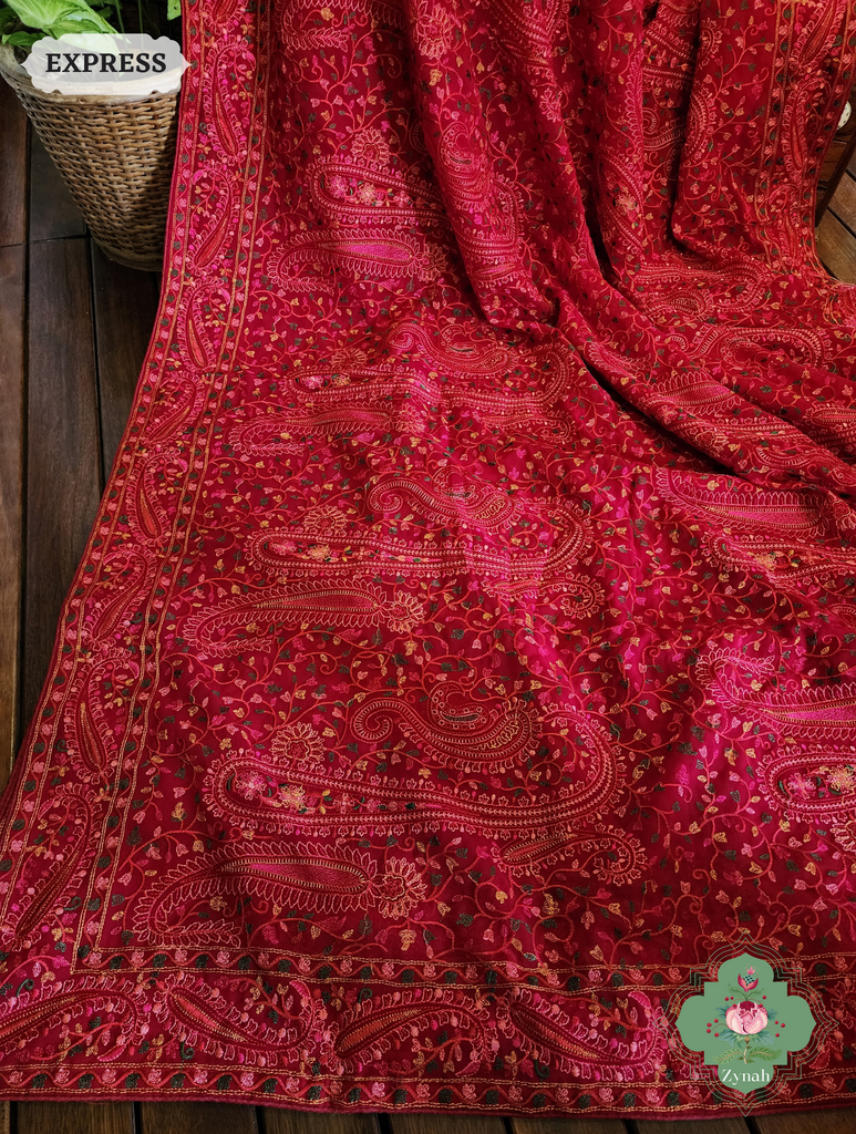 Cherry Red Georgette Saree With Kashida Inspired Embroidery 5